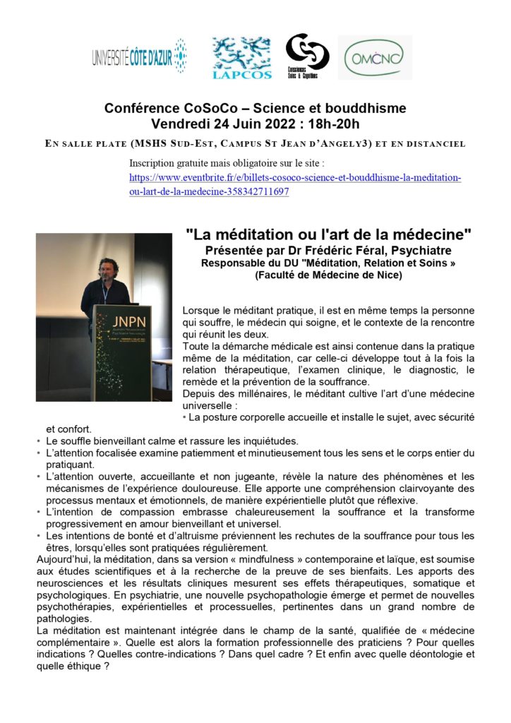La méditation ou l’art de la médecin – Conférence CoSoCo 24/6/22 à Nice